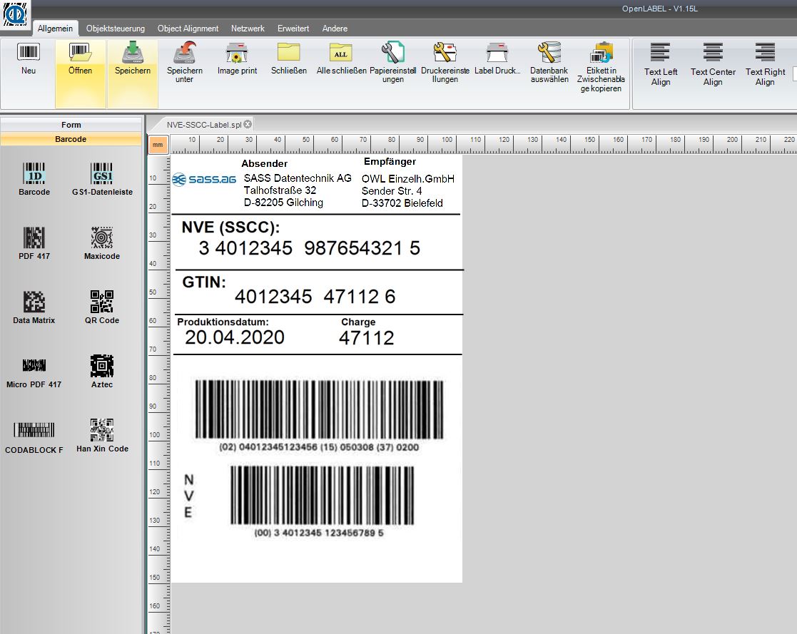 GS1-SSCC/NVE-Label mit einer kostenlosen Software