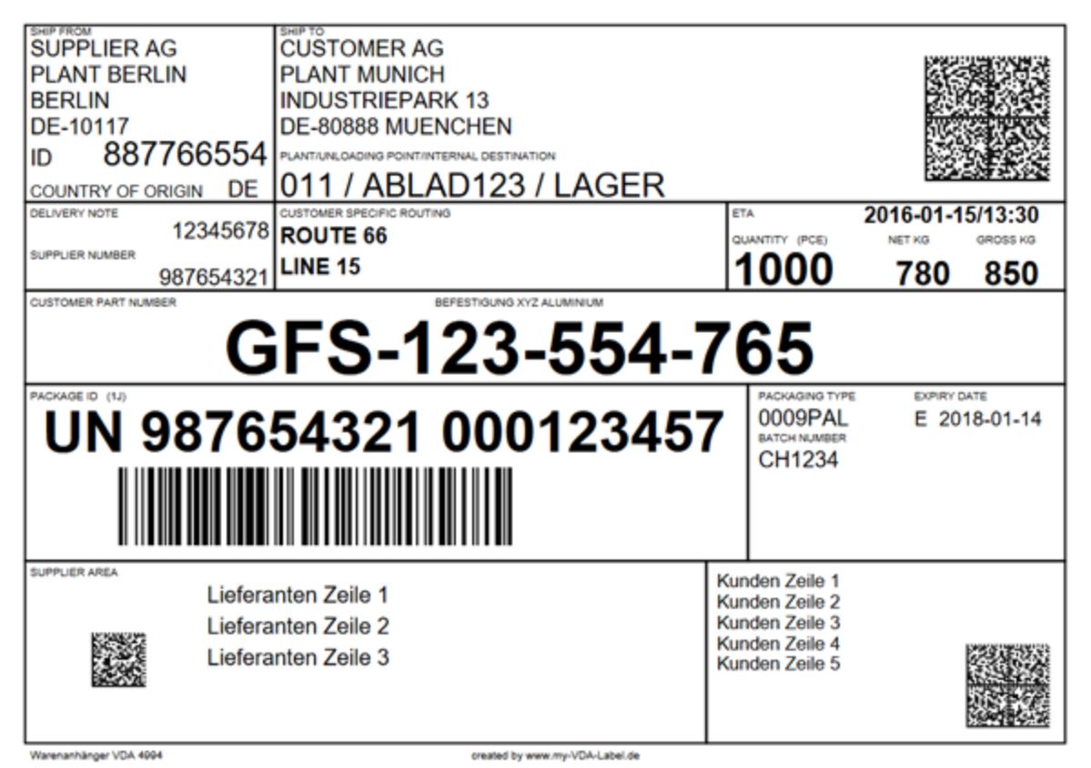 Global Transport Label nach VDA 4994 und KLT1 müssen auf Karton / festem Papier ausgegeben sein