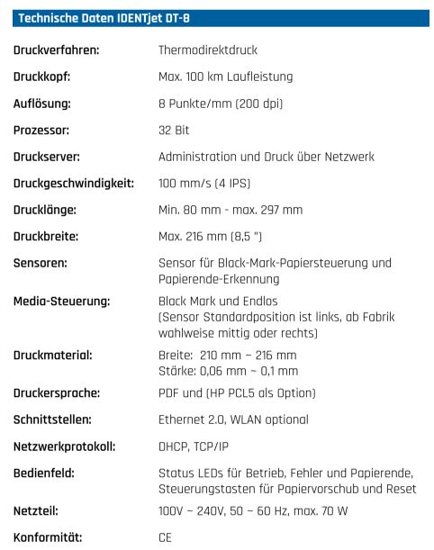 IDENTjet-DT8 technische Details zum Drucker