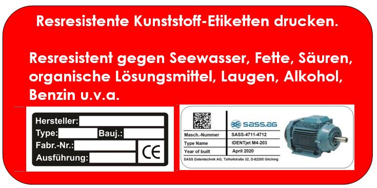 Kunststoffetiketten als Typenschilder, GHS-Etiketten, Schlaufenetiketten, Inventar-Aufkleber und vieles mehr.