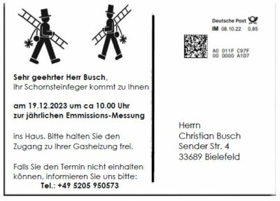 Fertige Schornsteinfeger-Info-Postkarten versandfertig gedruckt